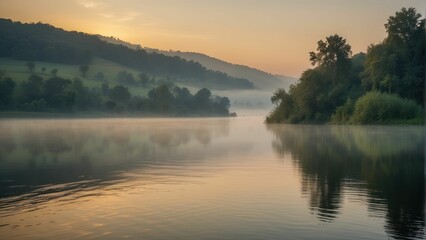 Obraz premium Serene misty lake at sunrise with trees