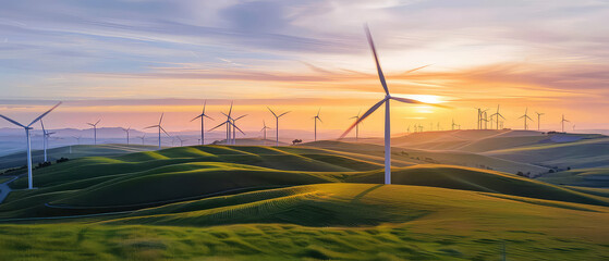 Wind turbines on rolling green hills