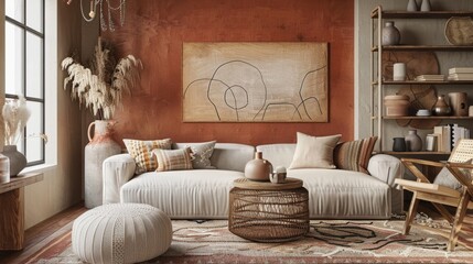 A living room with a white couch, a coffee table, and a rug. The room has a warm and inviting atmosphere