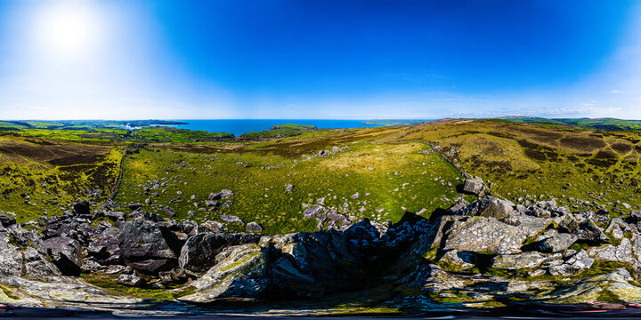 Aerial 360 panorama of West Wales rural landscape and coastline near Fishguard, Pembrokeshire.	