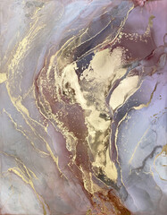Abstract pink marble with gold — fluid art background with golden potal, stone texture made with alcohol ink. Big pink with gray natural marble backdrop resembles gold watercolor or aquarelle.