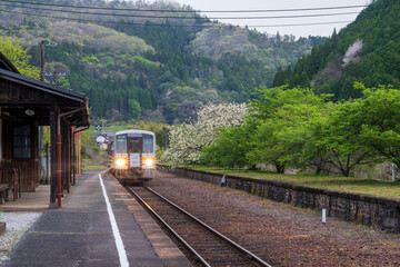 日本の岡山県新見市の岩山駅の美しい春の風景