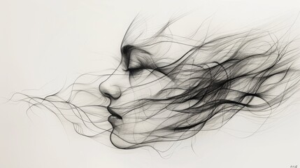 Fototapeta premium A drawing of a woman's face with long hair, AI