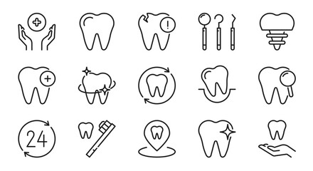 Dental line icons set. Teeth, tooth, care, medical, oral cavity, hygiene, dentist, health, sign, symbol. Isolated on a white background. Pixel perfect. Editable stroke. 64x64.
