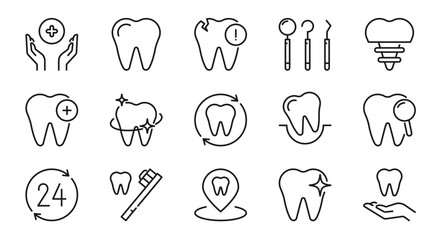 Dental line icons set. Teeth, tooth, care, medical, oral cavity, hygiene, dentist, health, sign, symbol. Isolated on a white background. Pixel perfect. Editable stroke. 64x64.