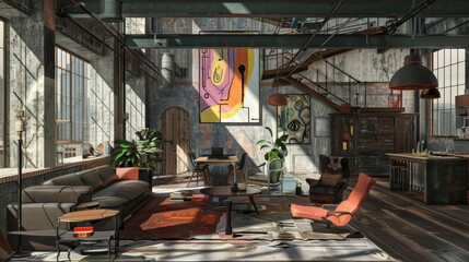 Loft style living room blending modern art with industrial chic