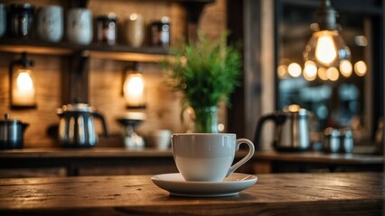 Cozy cafe setting with a coffee cup on a wooden table