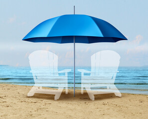 Retirement Protection and old age security as a scene on a beach with an umbrella representing financial and pension shelter for baby boomers and planning for retired people. - 790377802