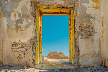 Time-Worn Doorway with Soft Yellow Art Framing in a High Heat Setting, Under Clear Blue Skies