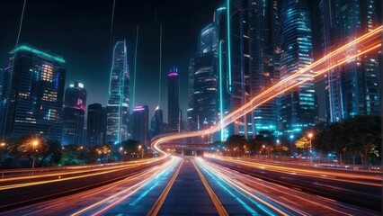 Obraz premium Futuristic city at night with vibrant neon lights and traffic