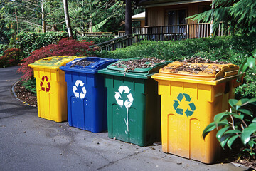 Dirty, shabby and colorful trash cans lined up in a row Recycling concept.