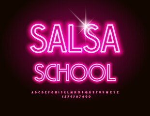 Fototapeta premium Vector stylish logo Salsa School. Pink Neon Alphabet Letters and Numbers set. Elegant illuminated Font.