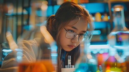  young girl scientist in laboratory conducting fun science experiments with test tubes, beakers, and microscope – exploring chemistry, biology, and physics in a playful, curious environment