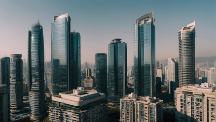 Skyline of a modern city with skyscrapers on a clear day