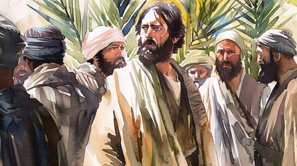 Obraz premium Jesus enters Jerusalem bible new testament people palm leaves watercolor