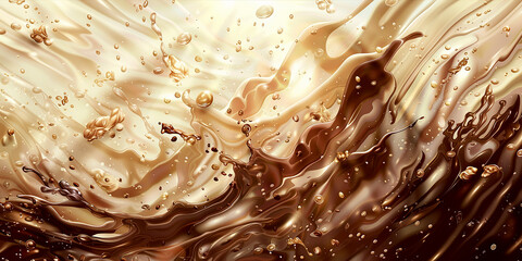 Food dessert background, banner of streams of cream and liquid chocolate mixing