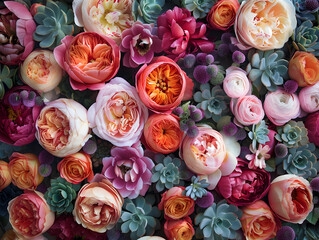 Fototapeta na wymiar Colorful fresh peony and roses flowers with succulents in a floral background