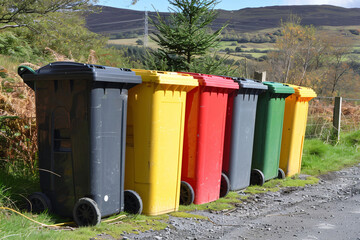 Dirty, shabby and colorful trash cans lined up in a row Recycling concept.