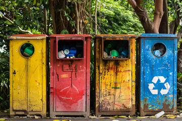 Dirty, shabby and colorful trash cans lined up in a row Recycling concept.