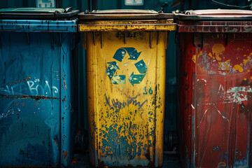 Colorful recycle bins on the street, closeup of photo. Selective focus and shallow depth of field