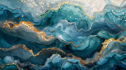 A surreal symphony of abstract watercolor waves, infused with the gleam of gradient gold glitter, and the organic texture of liquid fluid grunge, sparkling like champagne in the moonlight.  - obrazy, fototapety, plakaty