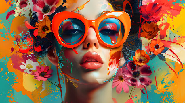 young pretty woman in orange sunglasses on bright background with colorful paint spots and flowers. Contemporary trendy drawing in bold hues