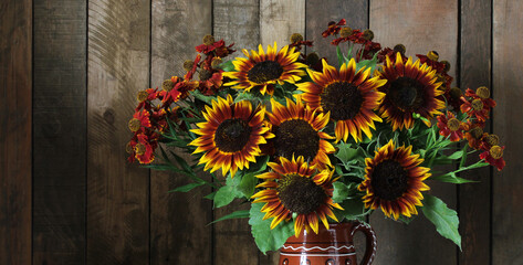 A bouquet of sunflowers close-up as a background. floral banner.