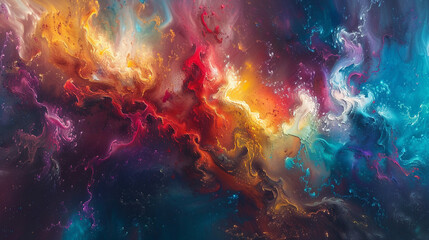 An explosion of vivid colors colliding in a cosmic dance of chaos and harmony, creating a symphony of visual delights. 