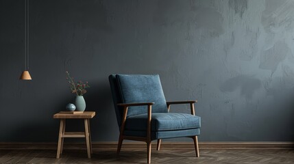 A blue chair sits in front of a wooden table. The room is decorated in a minimalist style with a blue wall and wooden floor - obrazy, fototapety, plakaty