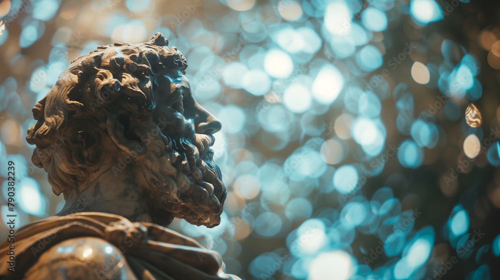 Poster a statue of a philosopher in front of a blurred planetarium display, symbolizing reflections on astr