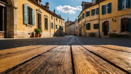 Obraz premium Sunlit courtyard with a close up of wooden planks