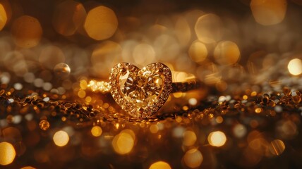 Heart-shaped diamond ring on sparkling surface - A heart-shaped diamond ring brilliantly shines atop a glittering gold surface, suggesting luxury and romance