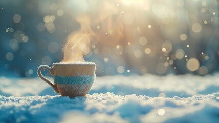 Hot Beverage Mug on Snow-Covered Ground Under Sun - A hot mug captures the essence of winter as it steams against the snowy backdrop and sun rays