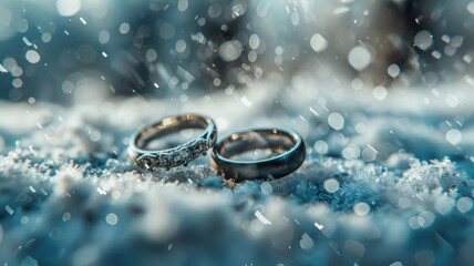 Obraz na płótnie Canvas Close-up of wedding rings on snowy surface - A macro shot of two wedding rings nestled on a textured snowy surface with a beautiful bokeh effect in the background