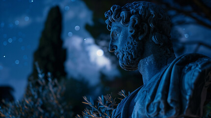 Fototapeta na wymiar A regal Greek statue outdoors at night, bathed in the ethereal light of a full moon with stars visible behind. , natural light, soft shadows, with copy space, blurred background