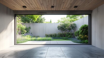 A large open space with a garden in the background. The garden is full of trees and bushes