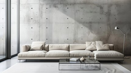 Minimalist Living Room with Concrete Accent Wall Stock Image
