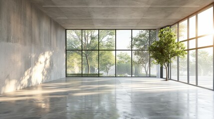 A large, empty room with a tree in the middle and large windows. The room is very bright and open, giving it a clean and modern feel
