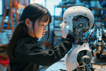 Amidst a workshop filled with tools and technology, a young girl AI training engineer delicately adjusts the facial expressions of a humanoid robot, striving for a perfect balance - obrazy, fototapety, plakaty