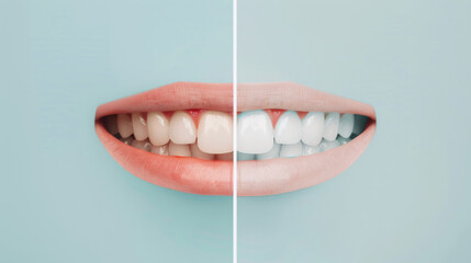 Teeth whitening, mouth and veneers with before after for oral health, healthcare and enamel decay. Bleaching, toothpaste and dental implants for cosmetic treatment, hygiene and cleaning at dentist - obrazy, fototapety, plakaty
