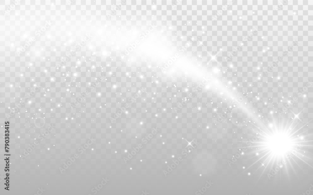 Poster light glow. silver shine effect. glittering star with white trail. sparkling wave with shiny dust. b