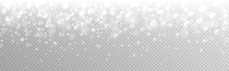 Bokeh silver light. Shiny blur effect. Bright white circles. Christmas blurred lights. Luxury glitter texture. Greeting card wide template. Elegant soft shine. Vector illustration.