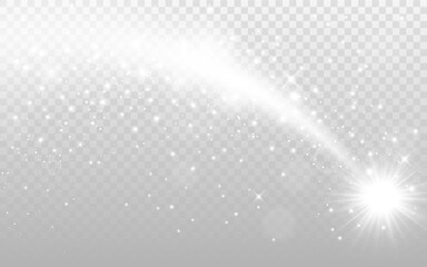 Light glow. Silver shine effect. Glittering star with white trail. Sparkling wave with shiny dust. Bright comet with particles. Glamour shooting star. Vector illustration.