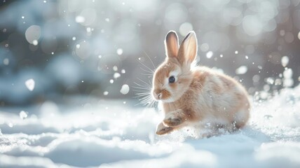 Snowy rabbit leaping in a winter wonderland - An adorable brown rabbit bounding playfully through pristine white snow with a magical backdrop of sunlight and bokeh