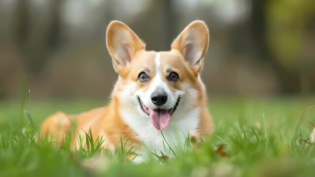 happy corgi dog lying on grass in park, cheerful pet outdoor concept