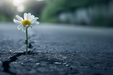 Beautiful flower growing out of a crack in the asphalt, hard time run, struggle background, hard...