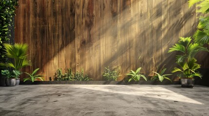 A wooden fence with a large empty space in front of it. The empty space is filled with plants and flowers