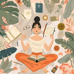  the concept of self-care, depicting activities like, yoga, and spending time in nature