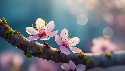 Close-up of tree branch with pink blossoms, blue blurred backdrop. Beautiful flowers. Spring season