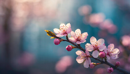 Close-up of tree branch with pink blossoms, blue blurred backdrop. Beautiful flowers. Spring season